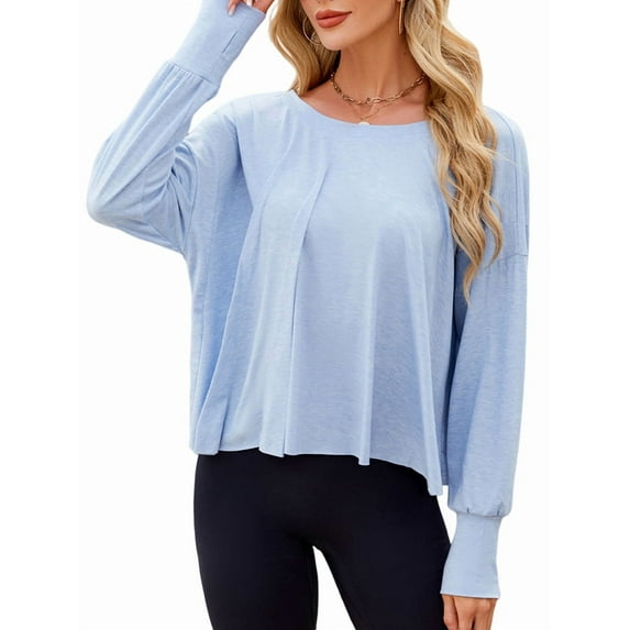 Women'S Long Sleeve Solid Color Loose - Fit Casual Yoga Top - Soft, Breathable for Yoga  Blue M