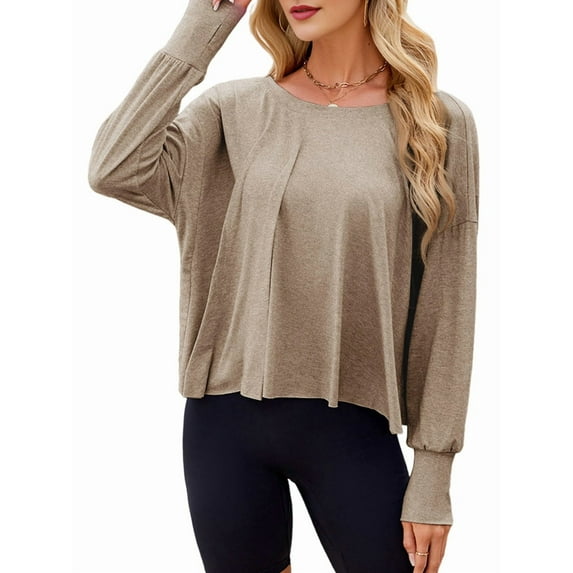Women'S Long Sleeve Solid Color Loose - Fit Casual Yoga Top - Soft, Breathable for Yoga Khaki XL