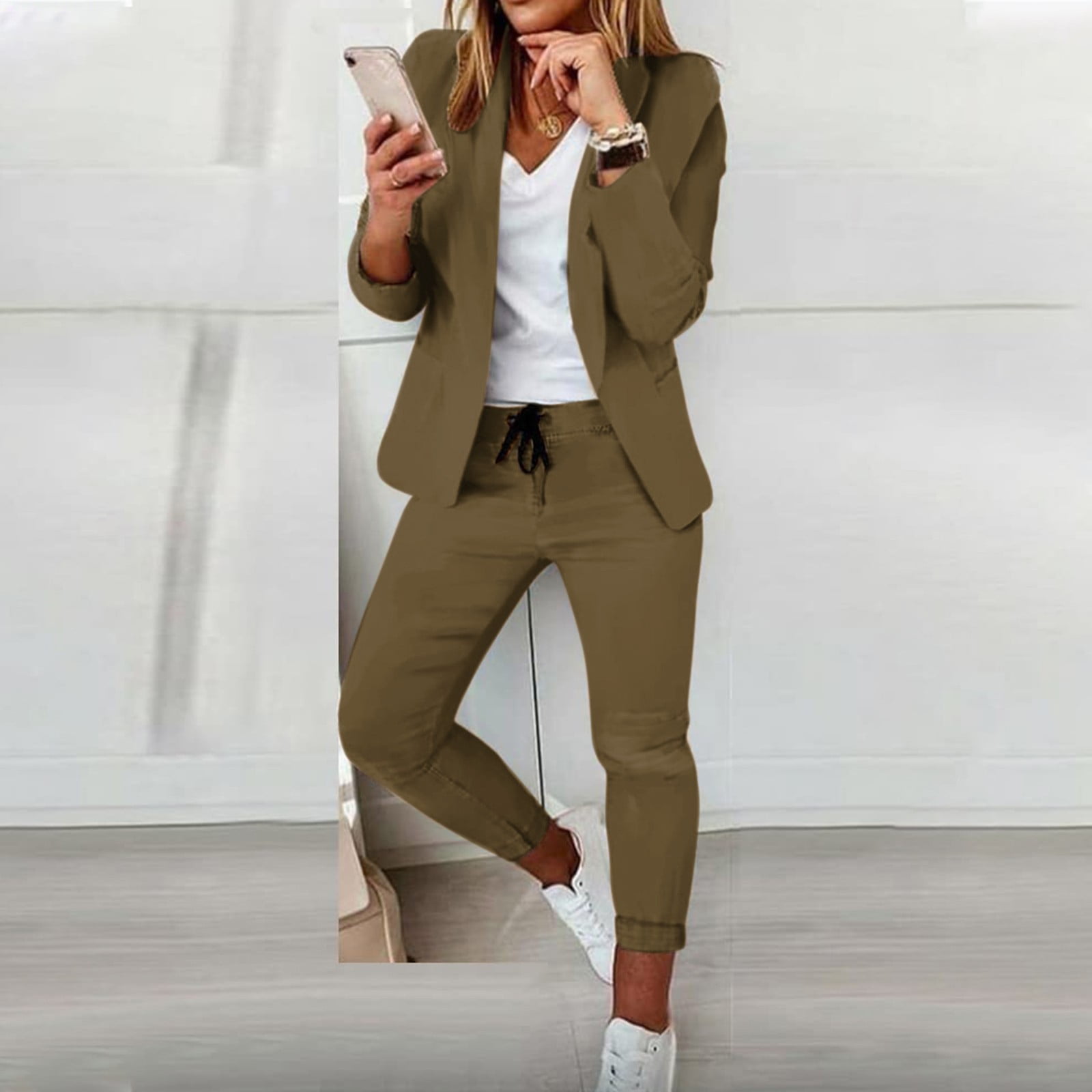 Women'S Long Sleeve Solid Suit Pants Casual Elegant Business Suit Sets  Coffee S
