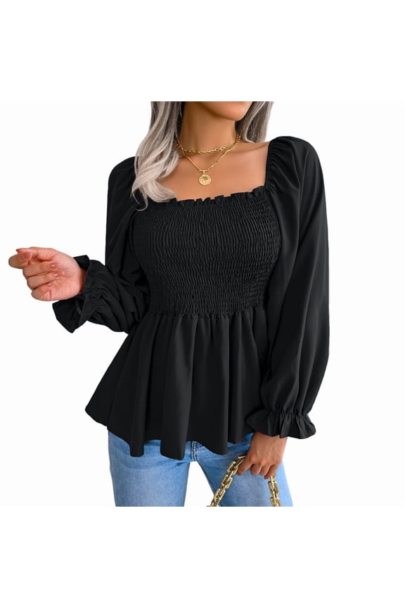 Women'S Long Sleeve Square Neck Lantern Shirred Ruffle Hem Smocked Peplum Babydoll Blouse Shirt Top Black L