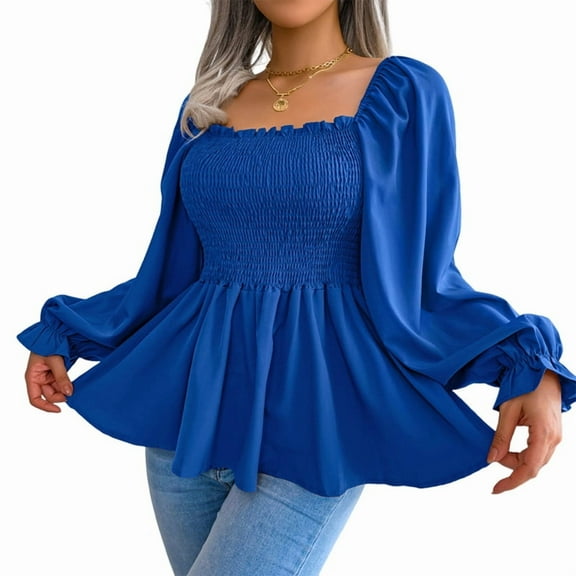 Women'S Long Sleeve Square Neck Lantern Shirred Ruffle Hem Smocked Peplum Babydoll Blouse Shirt Top Blue XL