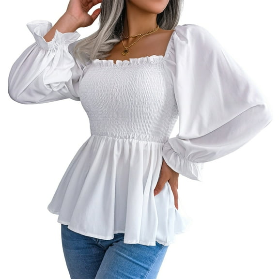Women'S Long Sleeve Square Neck Lantern Shirred Ruffle Hem Smocked Peplum Babydoll Blouse Shirt Top White L