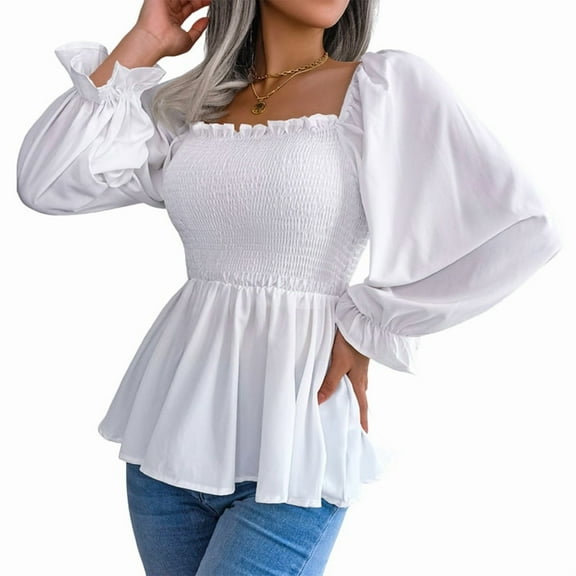 Women'S Long Sleeve Square Neck Lantern Shirred Ruffle Hem Smocked Peplum Babydoll Blouse Shirt Top White L