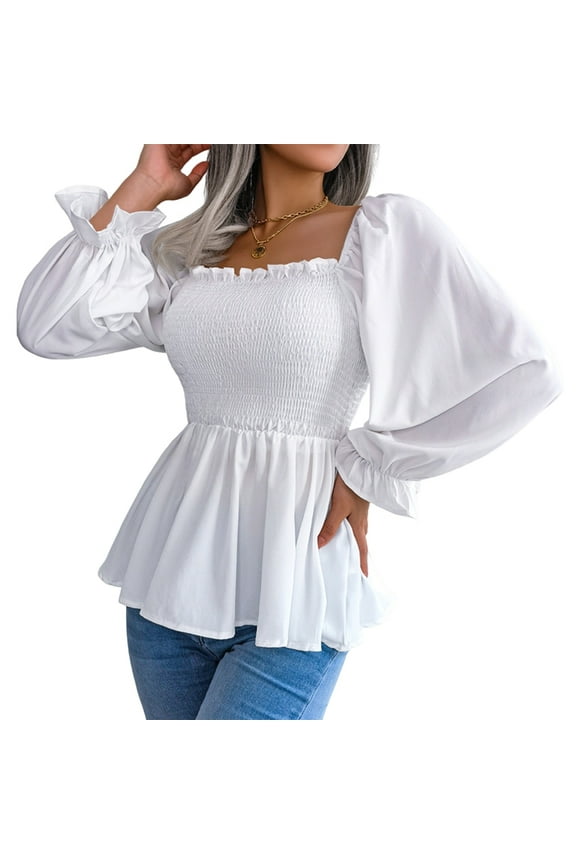 Women'S Long Sleeve Square Neck Lantern Shirred Ruffle Hem Smocked Peplum Babydoll Blouse Shirt Top White M