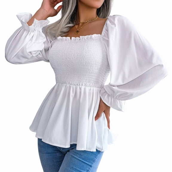 Women'S Long Sleeve Square Neck Lantern Shirred Ruffle Hem Smocked Peplum Babydoll Blouse Shirt Top White M