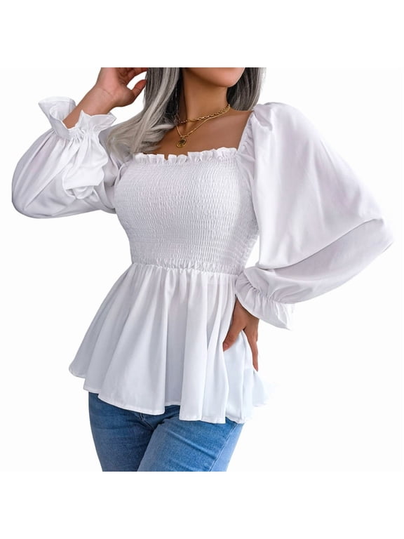 Women'S Long Sleeve Square Neck Lantern Shirred Ruffle Hem Smocked Peplum Babydoll Blouse Shirt Top White M
