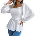 thumbnail image 1 of Women'S Long Sleeve Square Neck Lantern Shirred Ruffle Hem Smocked Peplum Babydoll Blouse Shirt Top White S, 1 of 8