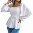 thumbnail image 1 of Women'S Long Sleeve Square Neck Lantern Shirred Ruffle Hem Smocked Peplum Babydoll Blouse Shirt Top White XL, 1 of 8