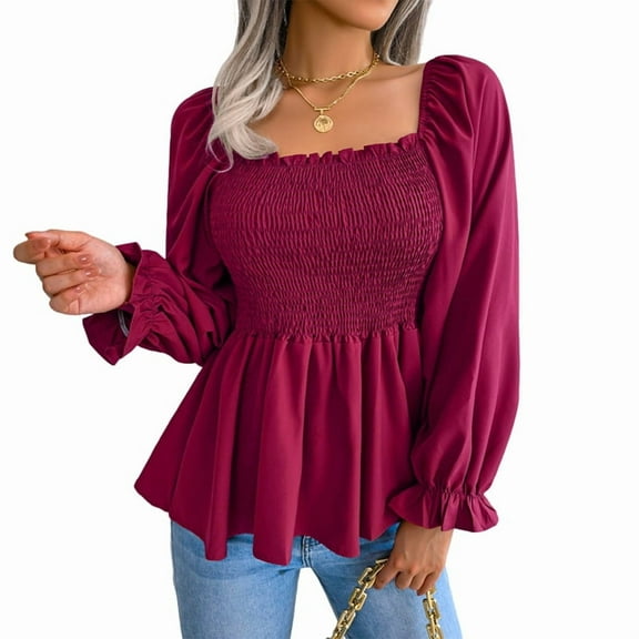 Women'S Long Sleeve Square Neck Lantern Shirred Ruffle Hem Smocked Peplum Babydoll Blouse Shirt Top Wine Red S