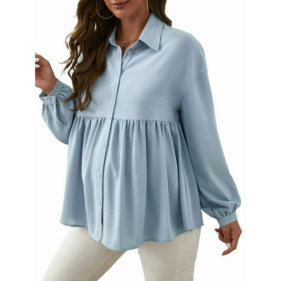 Women'S Long Sleeve Stand Collar Shirt 2025 Autumn and Winter Waist Shirt Loose Maternity Tops Casual Tops Light Blue M