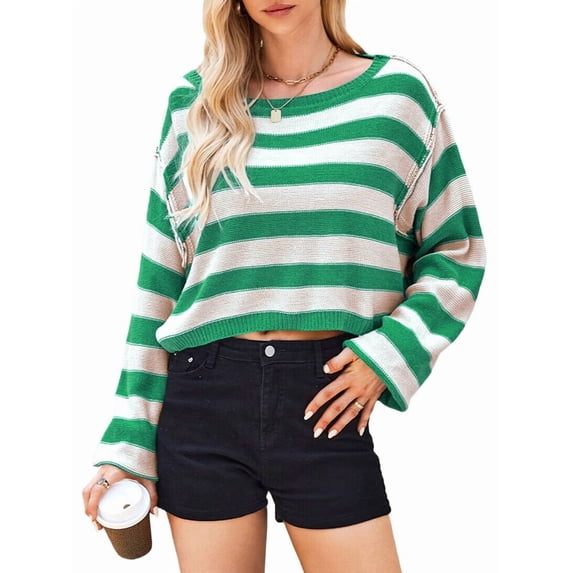 Women'S Long Sleeve Striped Oversized One Shoulder Loose Fit Casual Baggy Short Pullover Sweater Green M