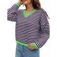 thumbnail image 1 of Women'S Long Sleeve Striped Sweater V Neck Color Block Soft Knit Pullover Trendy Jumper Tops Blue & Pink XL, 1 of 6