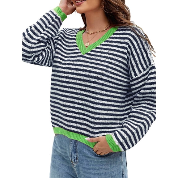 Women'S Long Sleeve Striped Sweater V Neck Color Block Soft Knit Pullover Trendy Jumper Tops Blue & White M