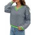 thumbnail image 1 of Women'S Long Sleeve Striped Sweater V Neck Color Block Soft Knit Pullover Trendy Jumper Tops Blue & White XL, 1 of 6
