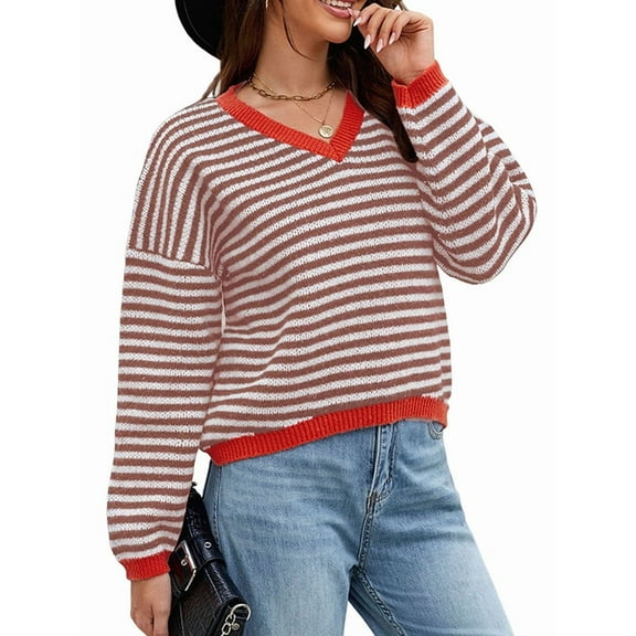 Women'S Long Sleeve Striped Sweater V Neck Color Block Soft Knit Pullover Trendy Jumper Tops Brown & White S