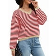 thumbnail image 1 of Women'S Long Sleeve Striped Sweater V Neck Color Block Soft Knit Pullover Trendy Jumper Tops Red & White  L, 1 of 6