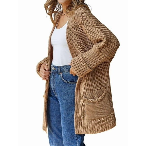 Women'S Long Sleeve Sweaters Coat Loose Knit Cable Open Front Cardigan Outerwear Coat with Pockets Camel Color L