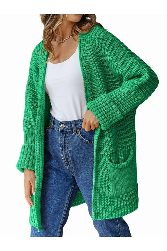 Women'S Long Sleeve Sweaters Coat Loose Knit Cable Open Front Cardigan Sweater Outerwear Coat with Pockets Green L