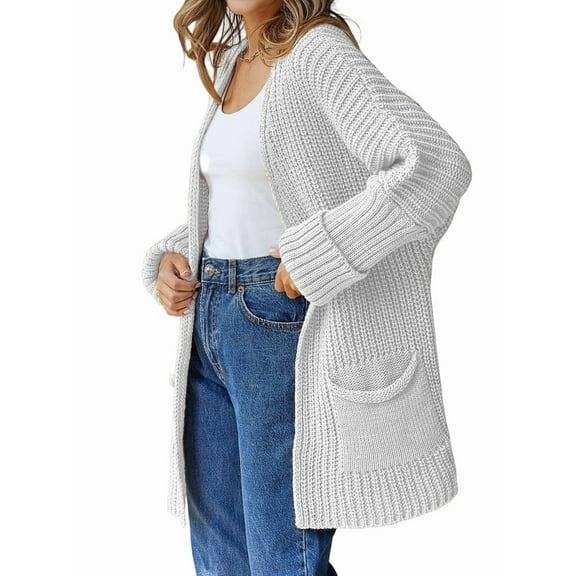 Women'S Long Sleeve Sweaters Coat Loose Knit Cable Open Front Cardigan Sweater Outerwear Coat with Pockets White L