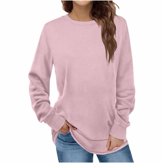 Women'S Long Sleeve Sweatshirts 2024 Winter Fashion Solid Round-Neck Lightweight Basic Pullover Tops Pink S