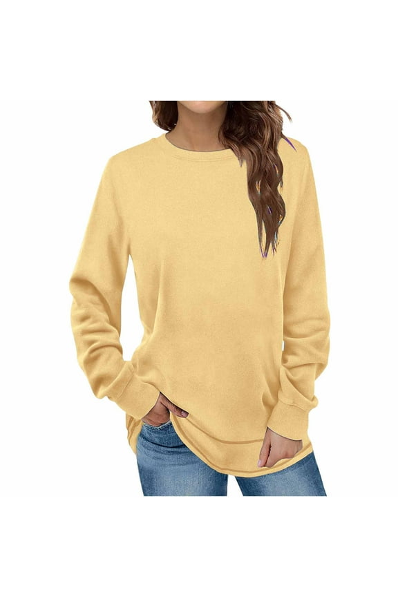 Women'S Long Sleeve Sweatshirts 2024 Winter Fashion Solid Round-Neck Lightweight Basic Pullover Tops Yellow L