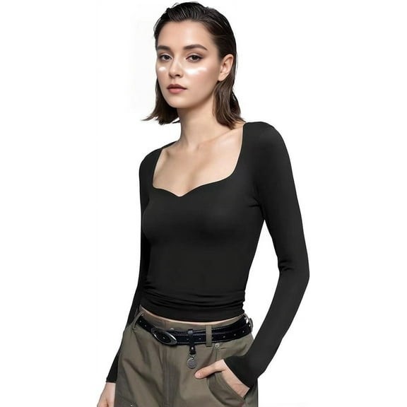 Women'S Long Sleeve T Shirts Sweetheart Neck - Slim Fit Going Out Tops Basic Tee Smoke Cloud Pro Collection Black S