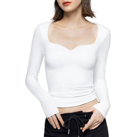 Women'S Long Sleeve T Shirts Sweetheart Neck - Slim Fit Going Out Tops Basic Tee Smoke Cloud Pro Collection White L