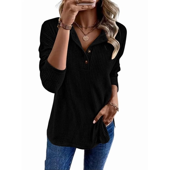 Women'S Long Sleeve Top Pullover V Neck Casual Loose Sweatshirt Black XL