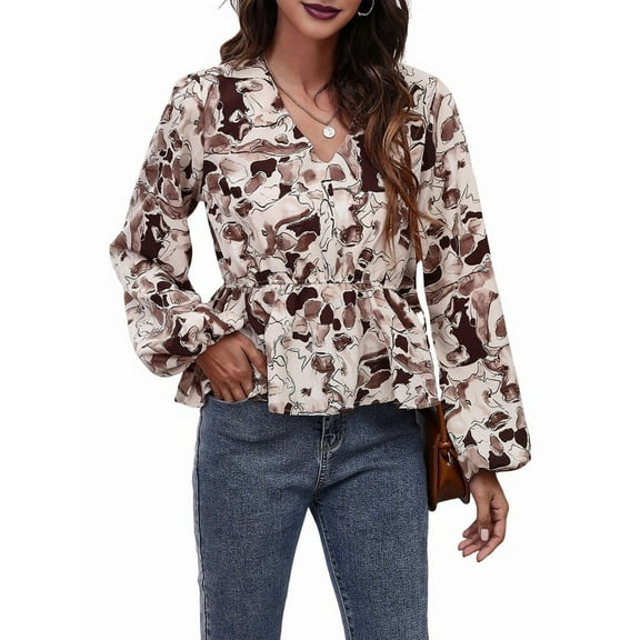 Women'S Long Sleeve Top Thin Pullovers V Neck - Sleeve Babydoll - Polyester Pull over Brown L