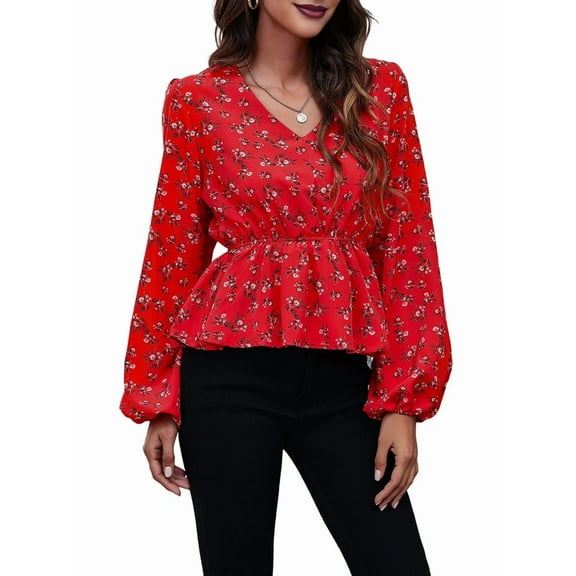 Women'S Long Sleeve Top Thin Pullovers V Neck - Sleeve Babydoll - Polyester Pull over Red Flower S