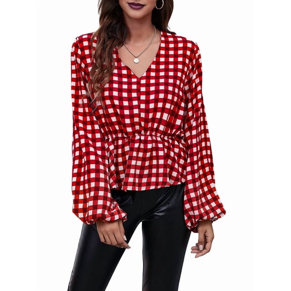 Women'S Long Sleeve Top Thin Pullovers V Neck - Sleeve Babydoll - Polyester Pull over Red Grid L