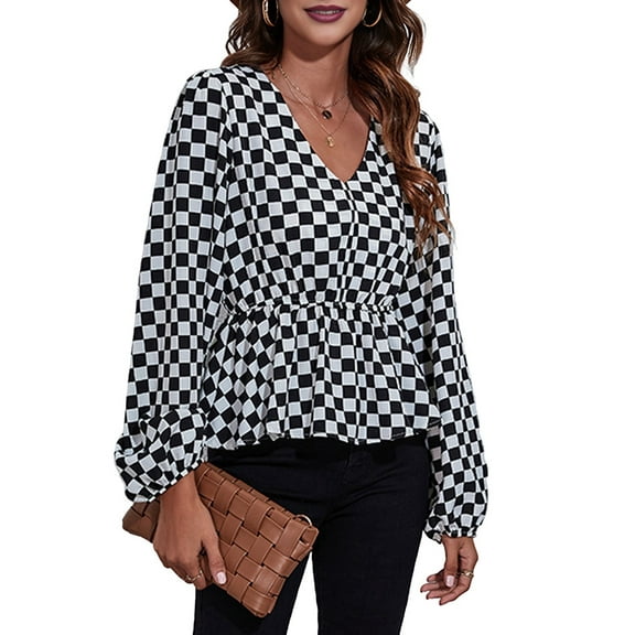 Women'S Long Sleeve Top Thin Pullovers V Neck - Sleeve Babydoll - Polyester Pull over Small Grid S