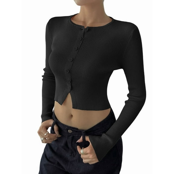 Women'S Long Sleeve Tops Autumn Cardigan Cropped Out Shirt Ribbed Button Collar Cute Fashion Black S