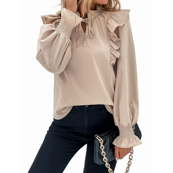 Women'S Long Sleeve Tops Dressy Casual V Neck Ruffle Tunic Chiffon Blouse Fall Trendy Work Shirts L