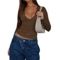 thumbnail image 1 of Women'S Long Sleeve Tops Going Out V Neck Crop Lace Mesh Slim Fitted Shirts Brown M, 1 of 9