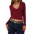 thumbnail image 1 of Women'S Long Sleeve Tops Going Out V Neck Crop Lace Mesh Slim Fitted Shirts Wine Red XL, 1 of 9