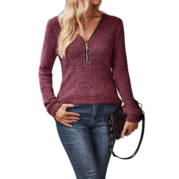 Women'S Long Sleeve Tops Quarter Zip Pullover Knit Sweaters Casual Shirts Trendy Blouses Tunics Wine Red L