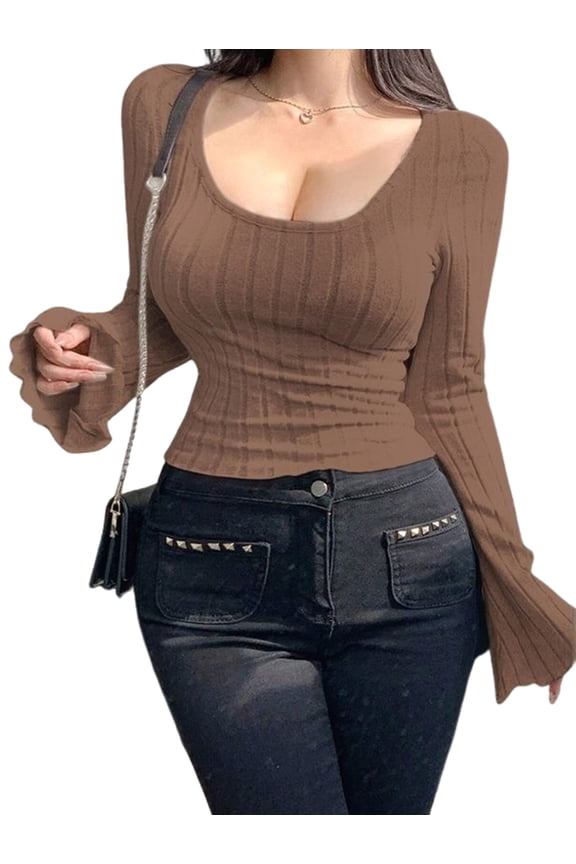 Women'S Long Sleeve Tops, Scoop Neck Ribbed Knit Shirt Slim Fit Pullover Sweater Basic Thermal Shirt Camel Color XXL