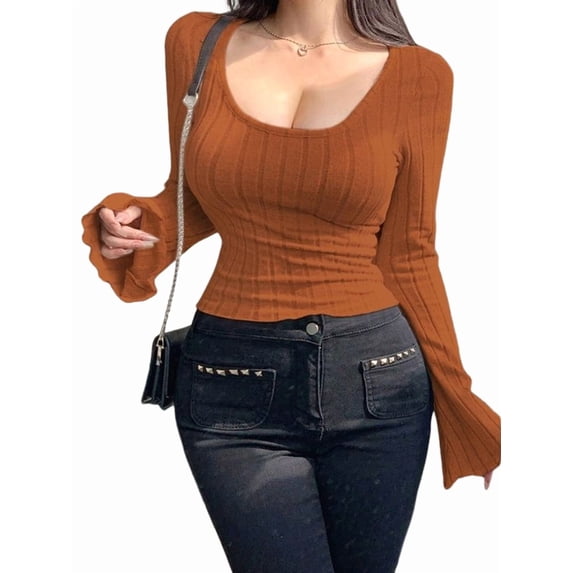 Women'S Long Sleeve Tops, Scoop Neck Ribbed Knit Shirt Slim Fit Pullover Sweater Casual Basic Thermal Shirt Dark Brown S