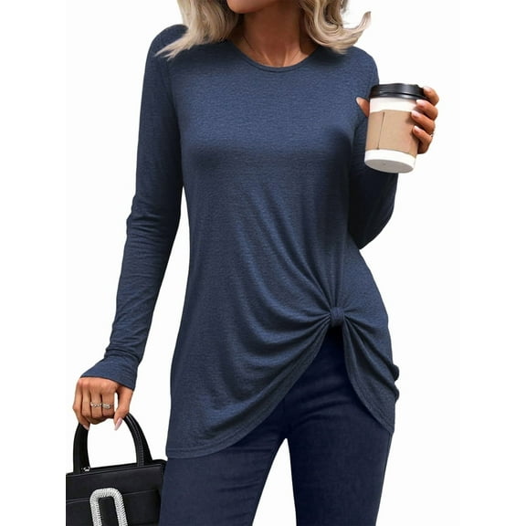 Women'S Long Sleeve Tunic Tops Casual Crewneck T-Shirts Front Twist Top Tee Blouse for Leggings Blue L