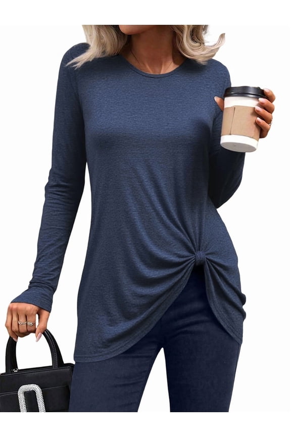 Women'S Long Sleeve Tunic Tops Casual Crewneck T-Shirts Front Twist Top Tee Blouse for Leggings Blue XL