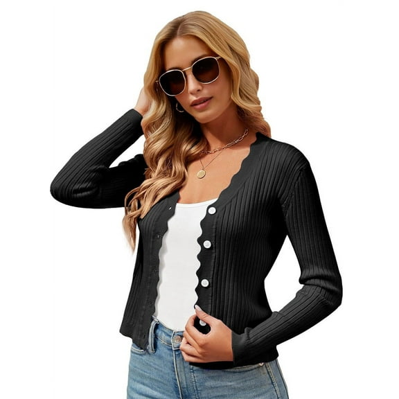 Women'S Long Sleeve V-Neck Button Down Cardigan Knit Shrugs Sweater Black L
