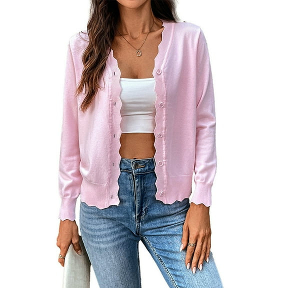Women'S Long Sleeve V-Neck Button Down Cardigan Knit Shrugs Sweater Light Pink L
