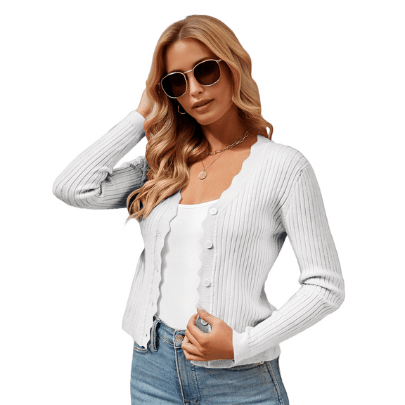 Women'S Long Sleeve V-Neck Button Down Cardigan Knit Shrugs Sweater White L