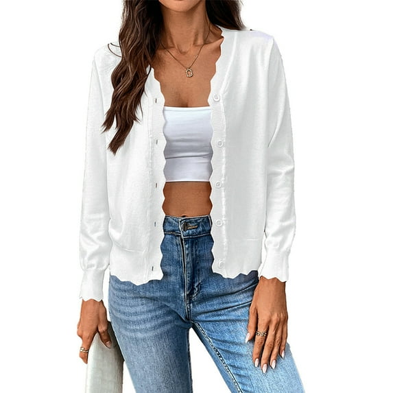 Women'S Long Sleeve V-Neck Button Down Cardigan Knit Shrugs Sweater White S