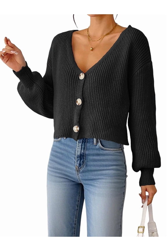Women'S Long Sleeve V-Neck Button Down Rib Knit Cropped Cardigan Sweater Black M