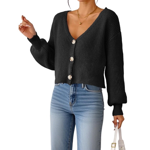 Women'S Long Sleeve V-Neck Button Down Rib Knit Cropped Cardigan Sweater Black S