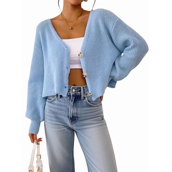 Women'S Long Sleeve V-Neck Button Down Rib Knit Cropped Cardigan Sweater Blue S