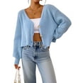 thumbnail image 1 of Women'S Long Sleeve V-Neck Button Down Rib Knit Cropped Cardigan Sweater  Blue XL, 1 of 8