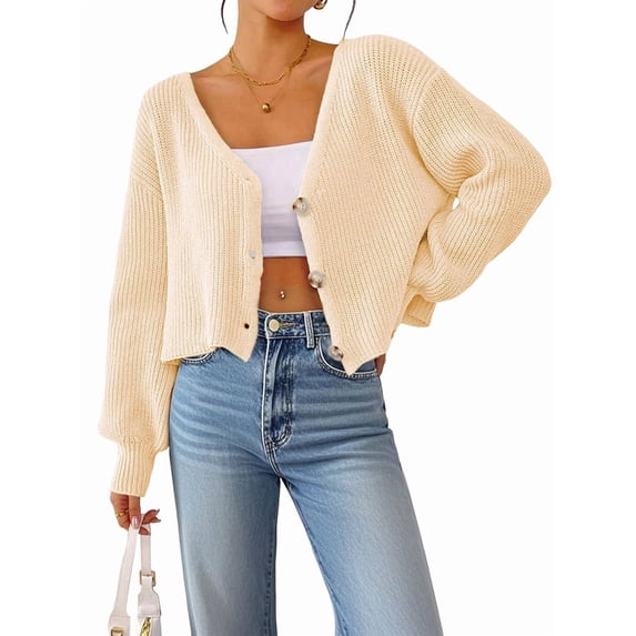 Women'S Long Sleeve V-Neck Button Down Rib Knit Cropped Cardigan Sweater L